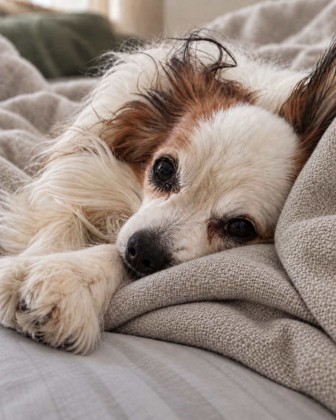 A small white-and-brown dog resting closely in soft bedding