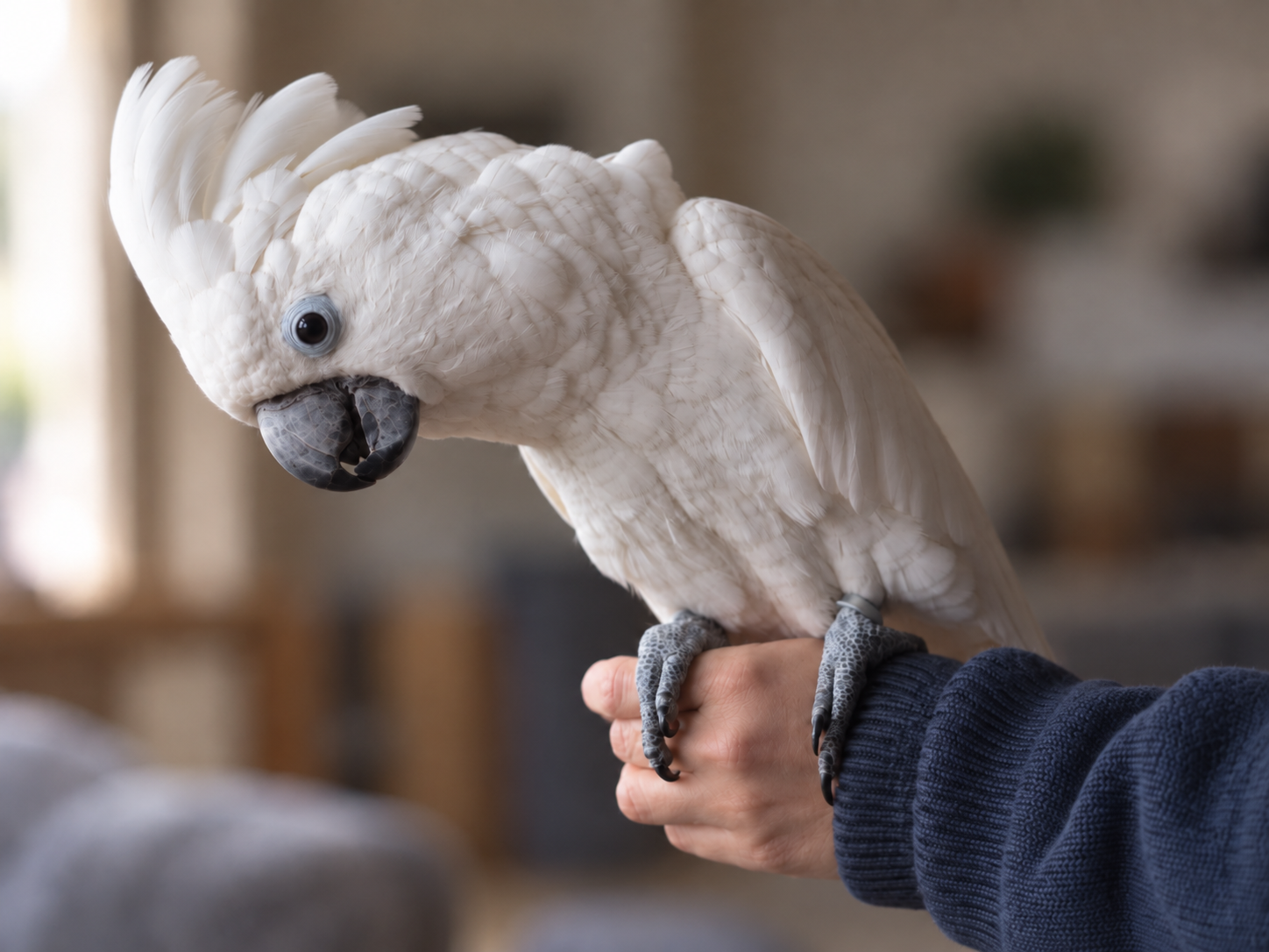A white cockatoo perched on a person's hand in a softly lit home setting
