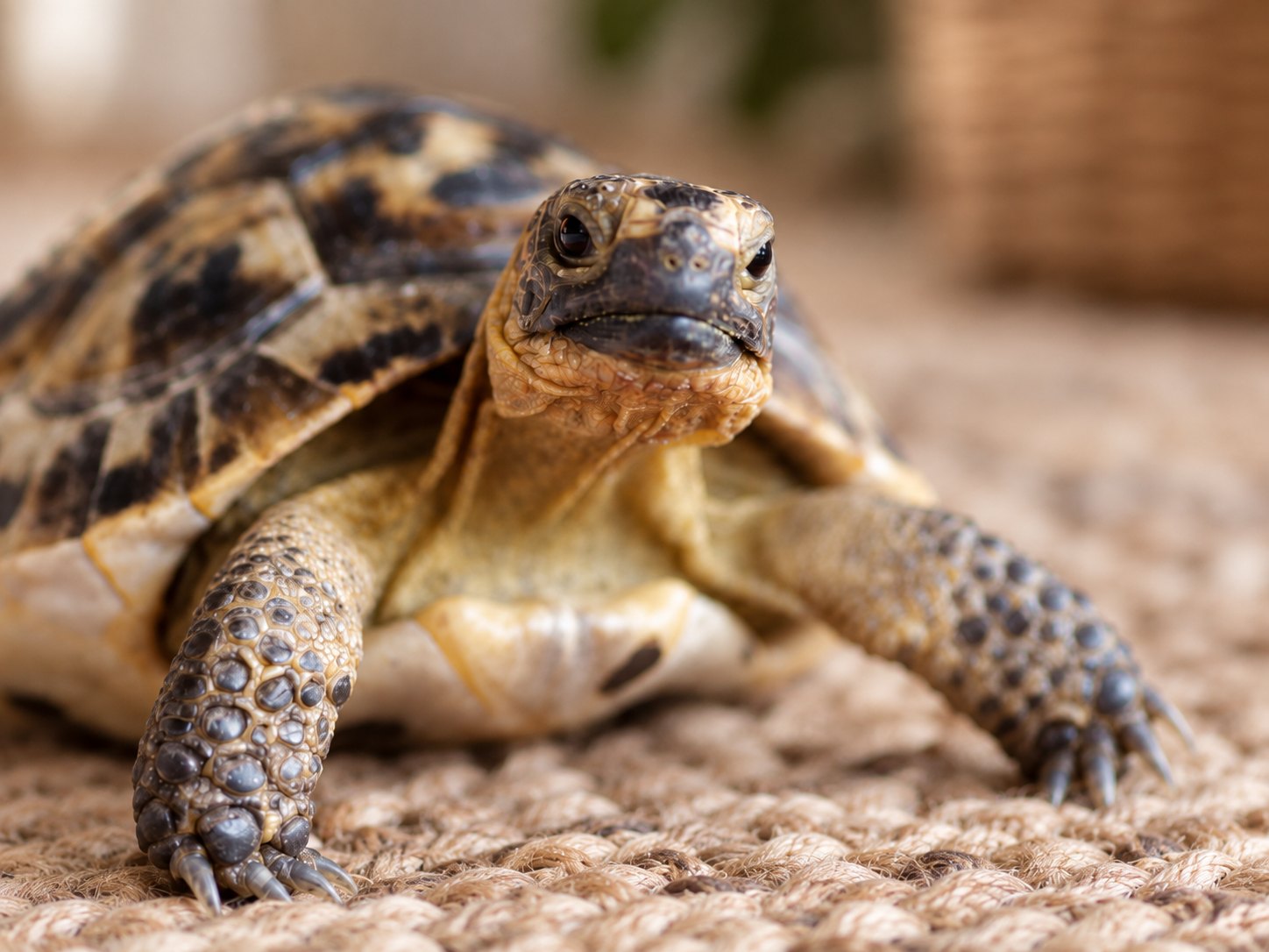 A pet tortoise resting on a warm neutral woven rug