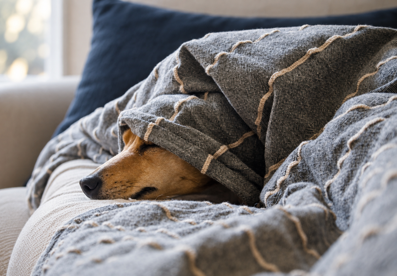 Dog sleeping under a textured blanket on a couch