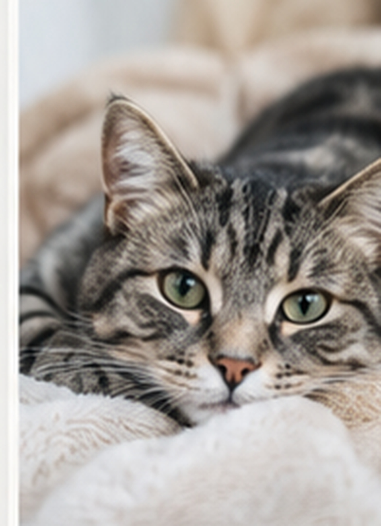 A tabby cat resting on a soft blanket