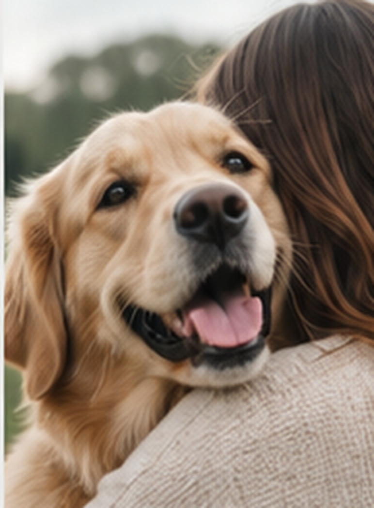A golden retriever leaning against a person in a tan sweater