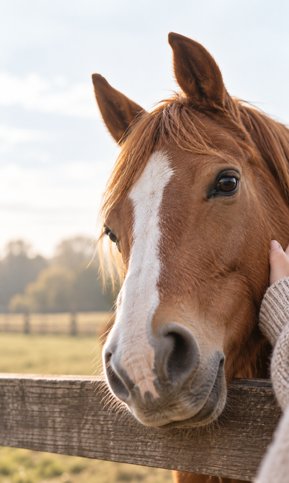 A chestnut horse leaning over a fence with a familiar hand resting against its cheek