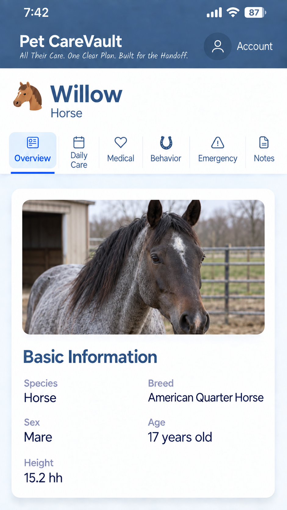 Pet CareVault profile for Willow the horse, showing her photo and basic care information.