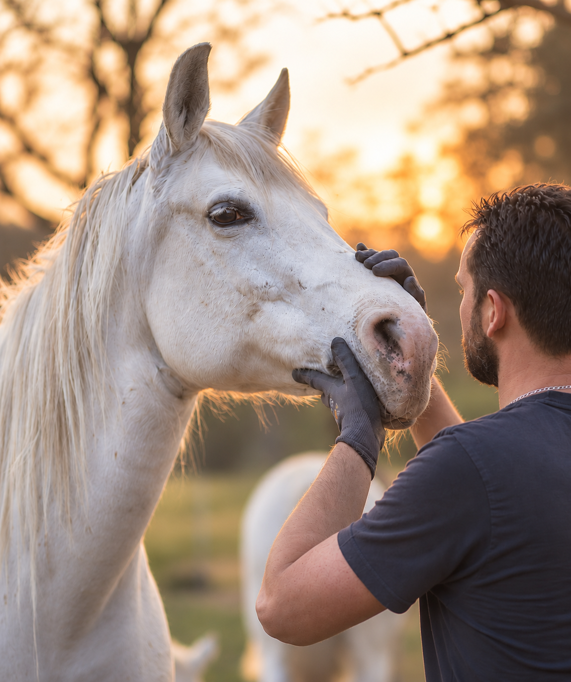 A white horse standing closely with a familiar caregiver in warm evening light
